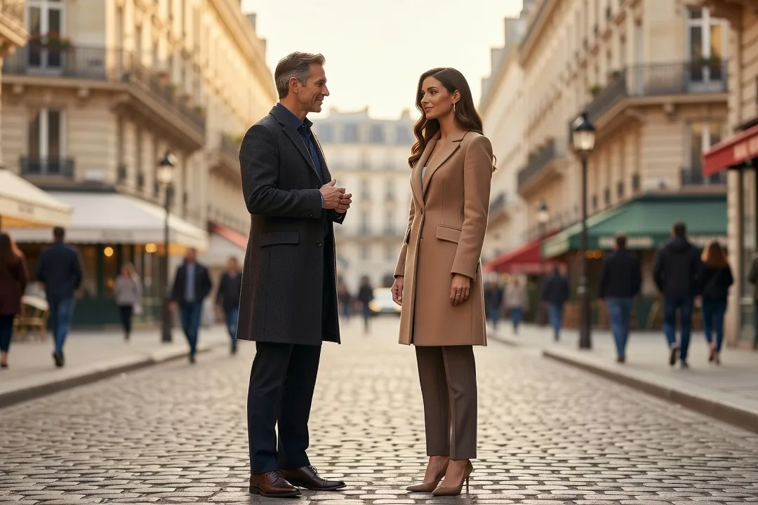 Un homme adulte engage poliment la conversation avec une femme élégante sur un trottoir.