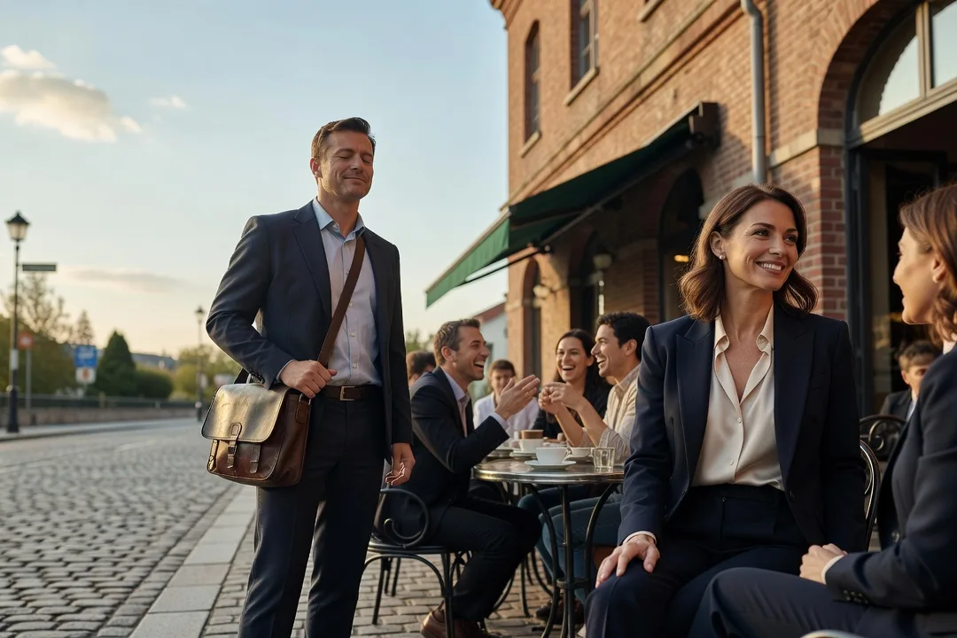 Un homme adulte respire devant un café avant d'aborder un groupe