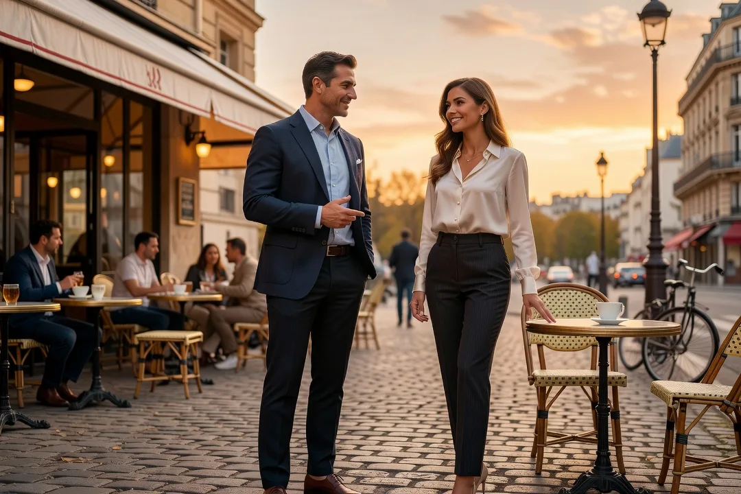 Un homme adulte aborde avec assurance une femme élégante devant un café.