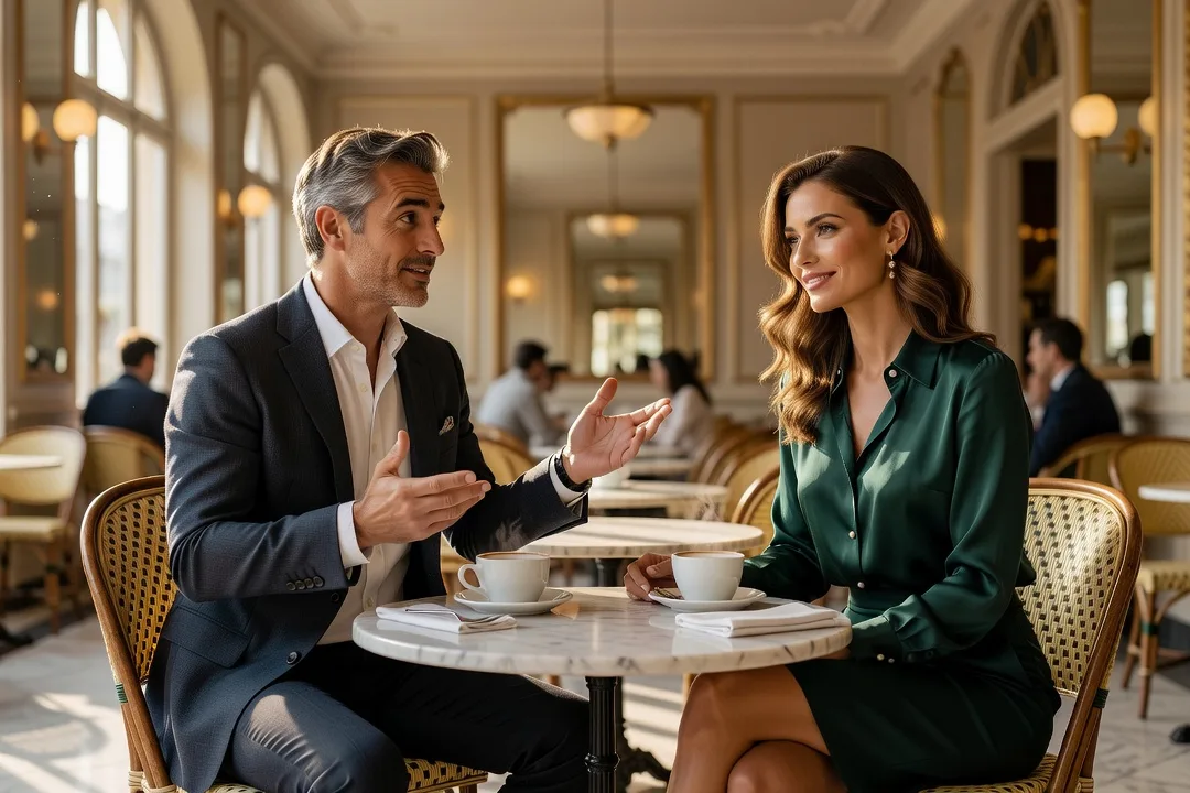 Un homme raconte une histoire à une femme élégante dans un café parisien.