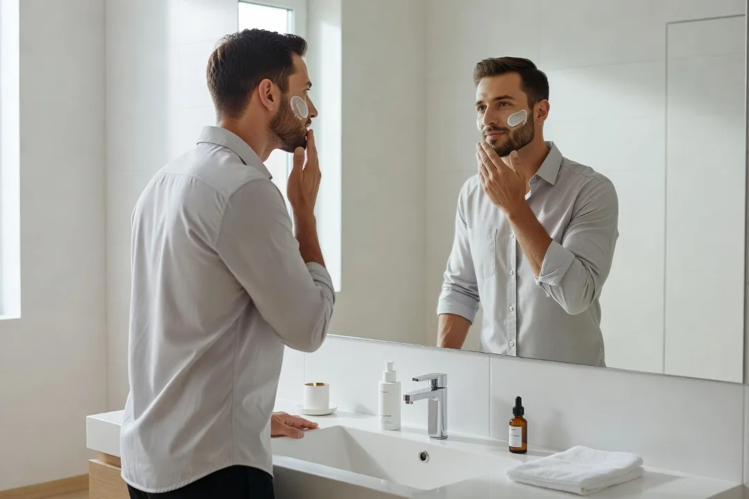 Homme adulte appliquant une crème hydratante devant le miroir de sa salle de bains.