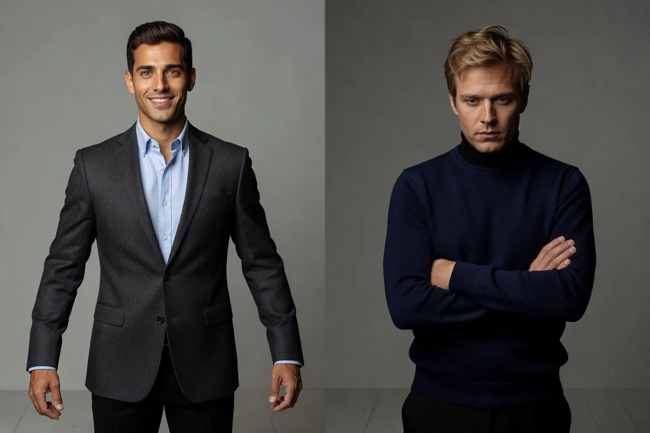 Deux portraits masculins contrastés — posture ouverte vs fermée