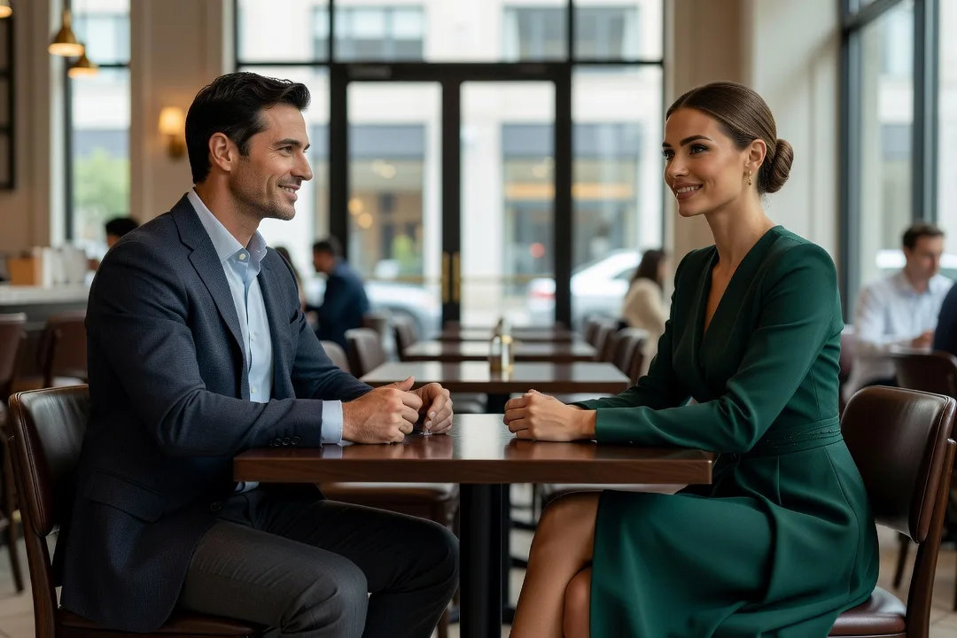 Un homme adulte échange sereinement avec une femme élégante dans un café lumineux.