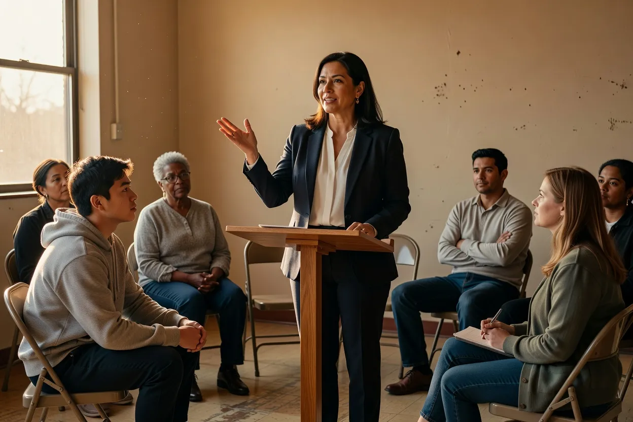 Groupe pratiquant la prise de parole en public dans une salle communautaire