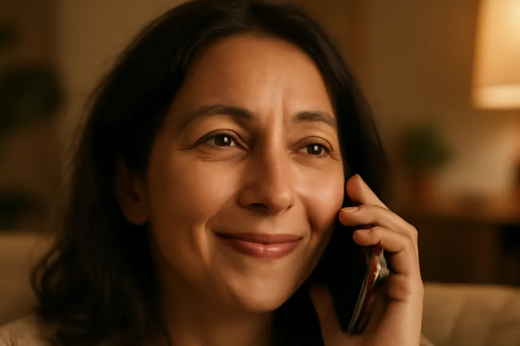 Personne rassurée parlant au téléphone avec un proche de confiance