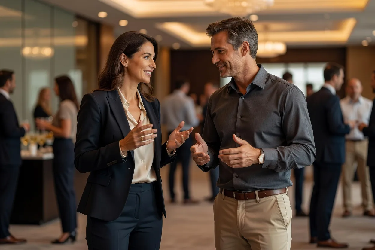 Deux personnes en conversation avec une posture ouverte et synchronisée