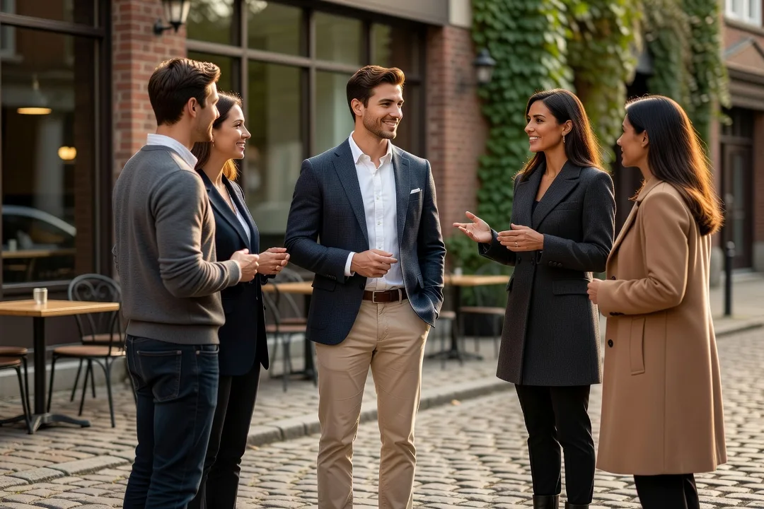 Jeune homme adulte rejoignant avec assurance un groupe d'amis devant un café universitaire
