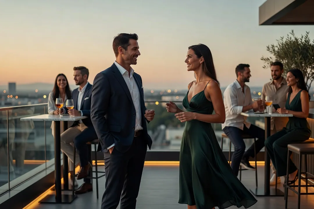 Un homme adulte échange avec une femme élégante lors d'une soirée entre amis.