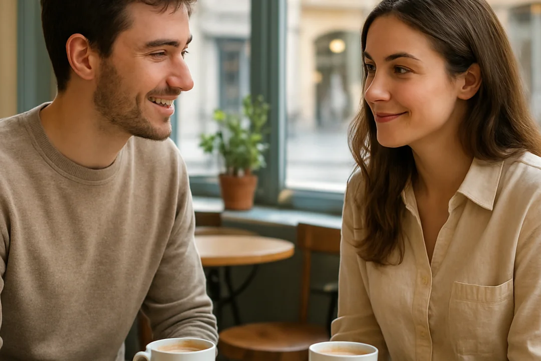 Couple se rencontrant pour la première fois dans un café d'une ville étrangère