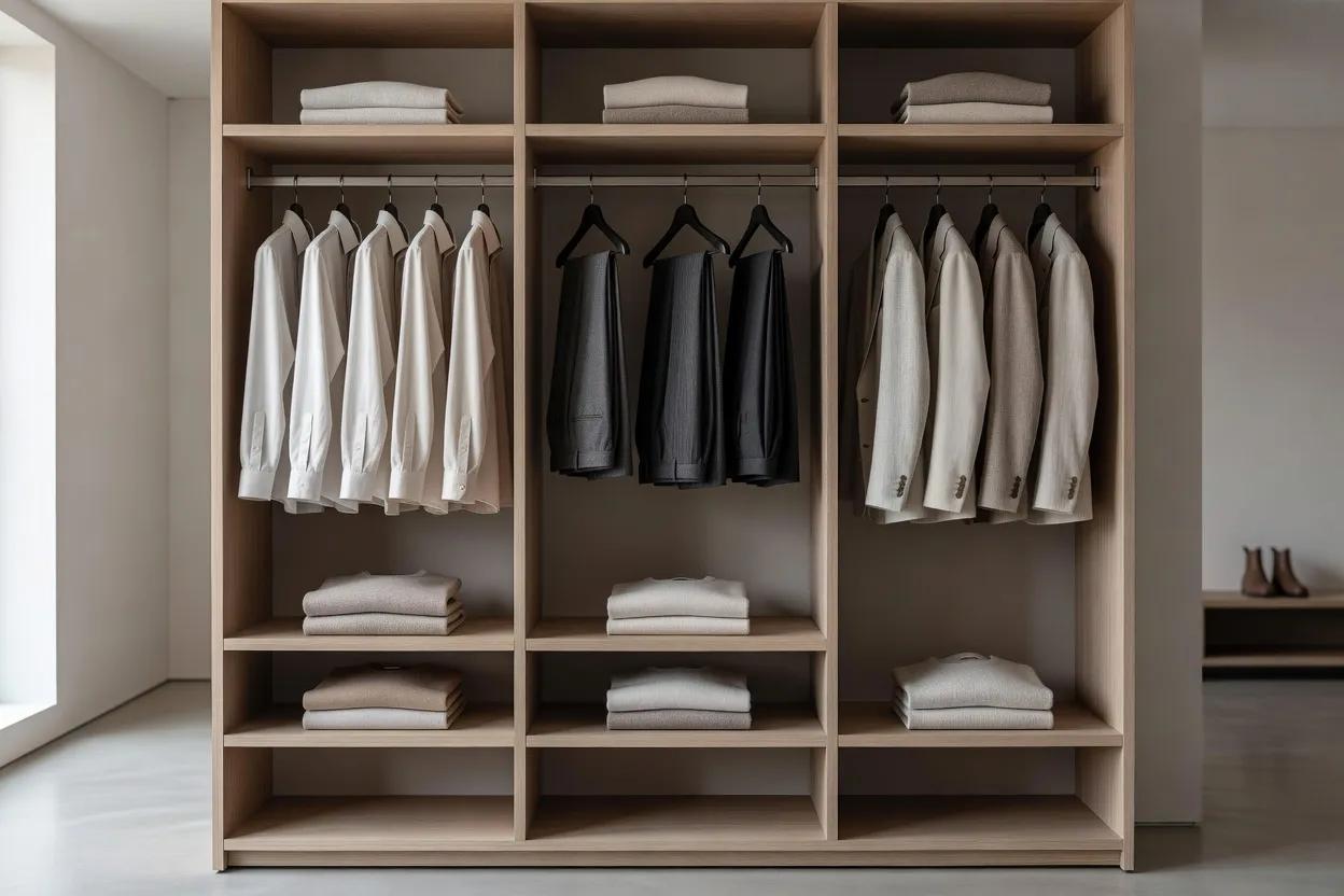 Homme choisissant une tenue devant une garde-robe organisée