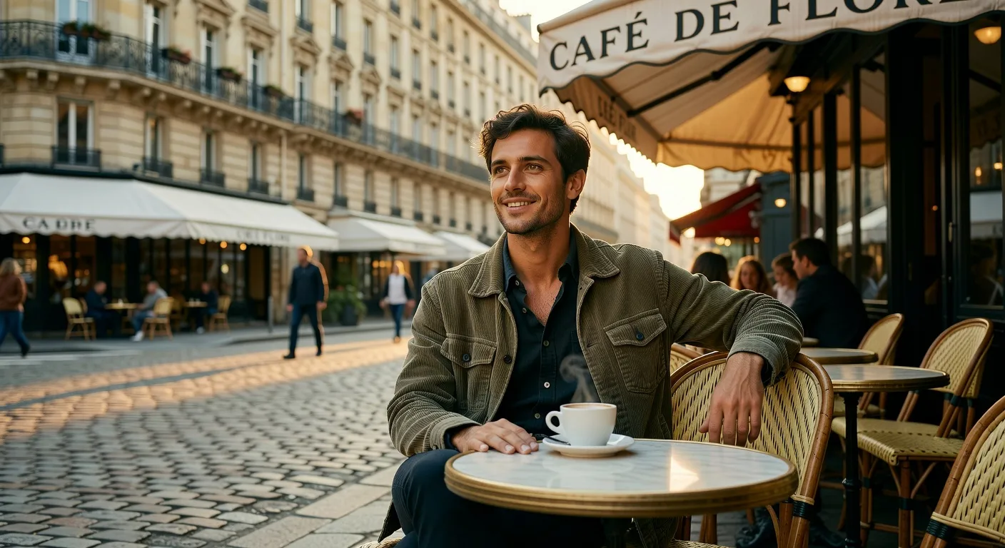 Homme qui s'apprête à aborder une femme dans un café parisien