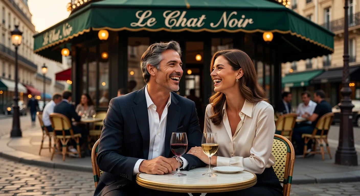 Moment de connexion authentique — deux personnes qui se sourient dans un bar