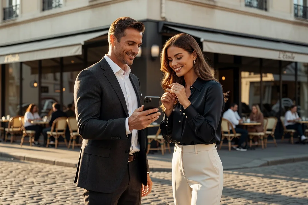 Un homme adulte tend son téléphone à une femme élégante devant un café.