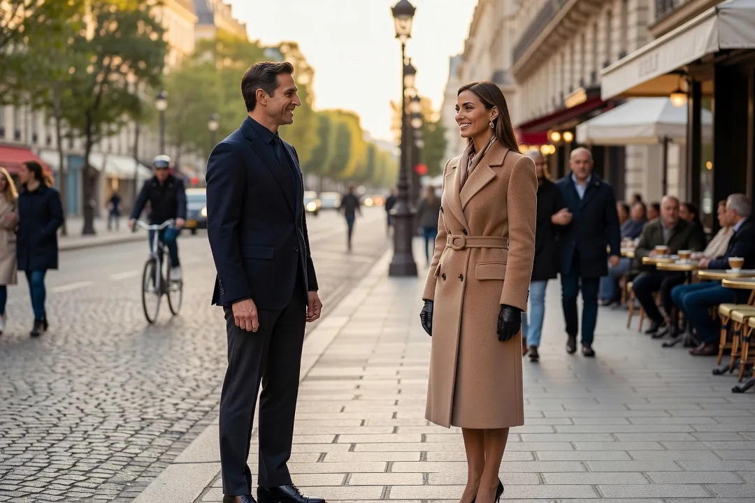 Homme adulte élégant abordant une femme adulte sur un trottoir parisien