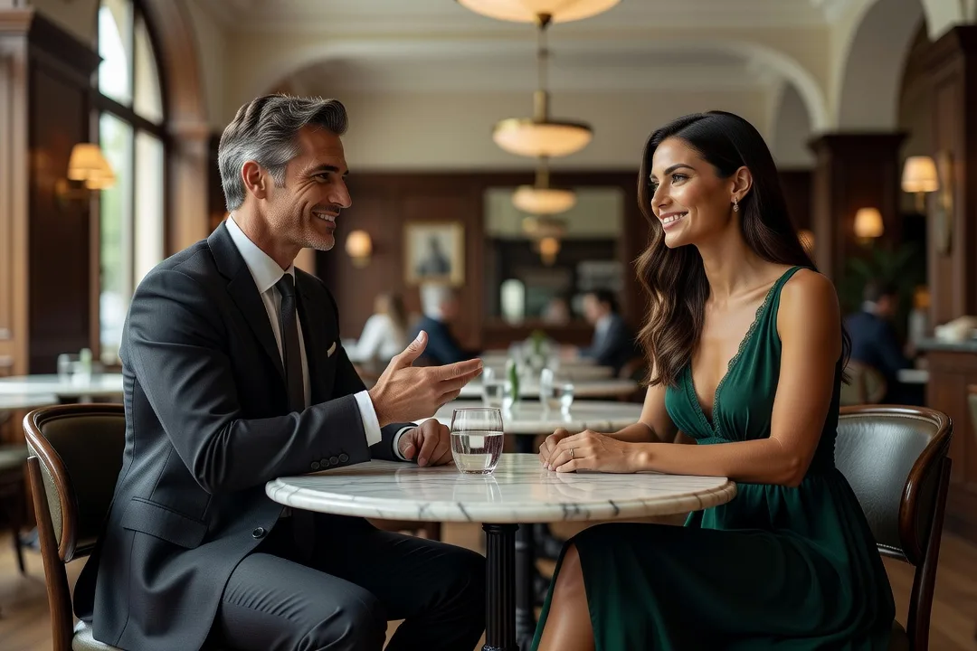 Un homme adulte complimente une femme élégante dans un café lumineux