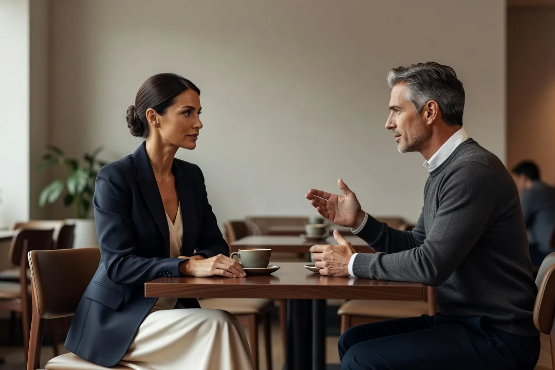 Femme élégante écoutant attentivement un homme lors d'une conversation dans un café