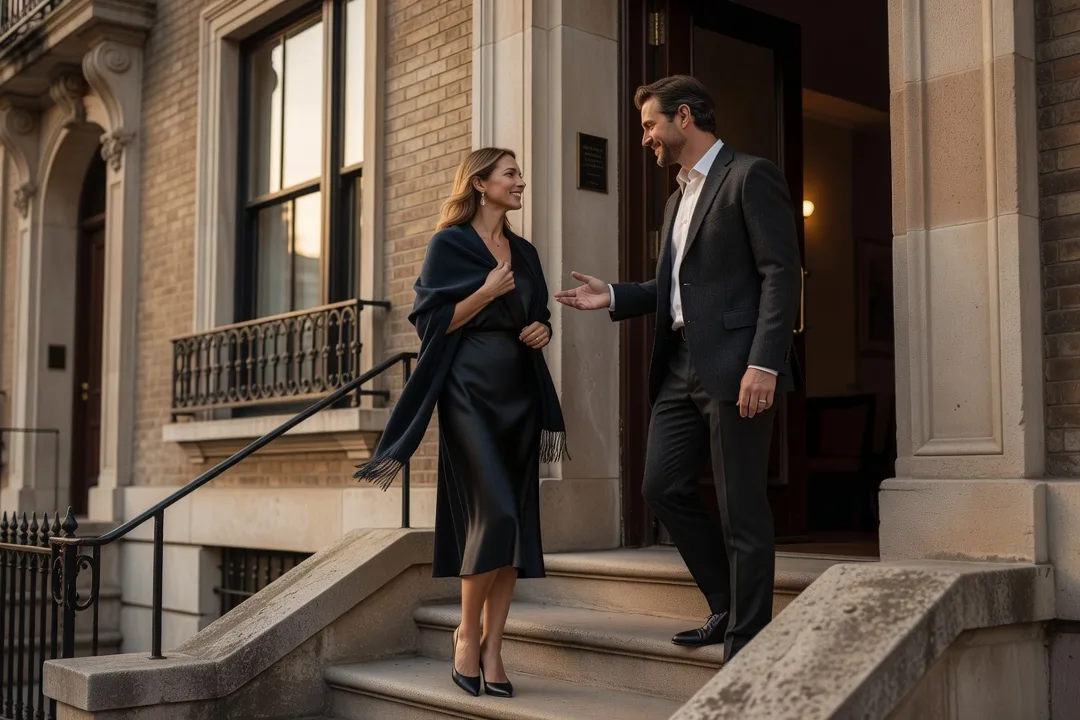 Un homme adulte invite une femme élégante à entrer après un rendez-vous