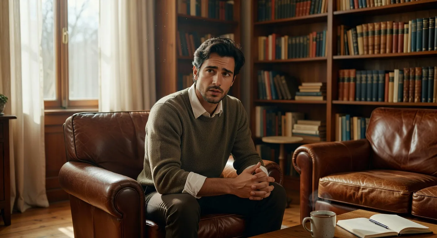 Homme en consultation thérapeutique, moment de prise de conscience
