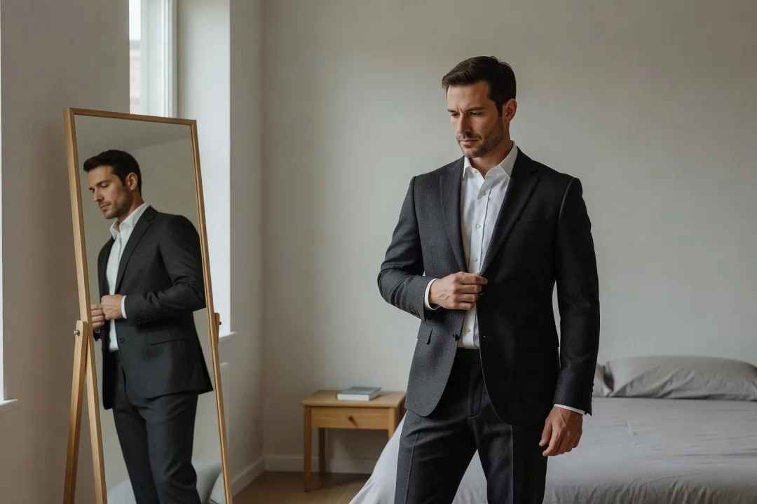 Homme adulte ajustant sa veste devant un miroir avant de sortir