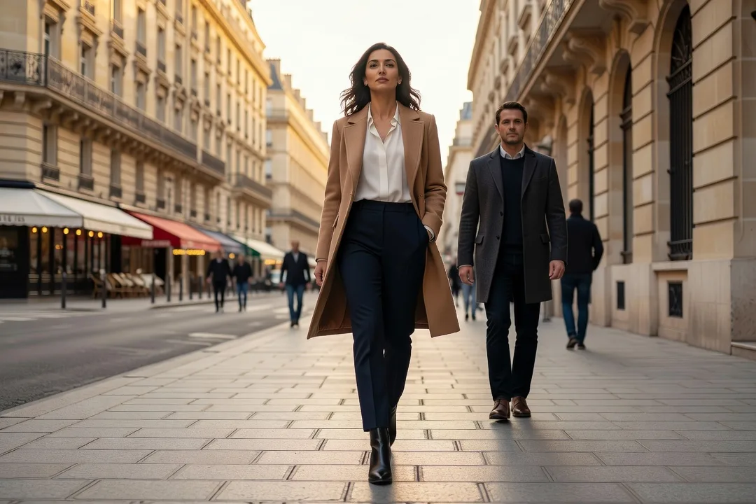 Une femme élégante marche tandis qu'un homme garde une distance respectueuse derrière elle.