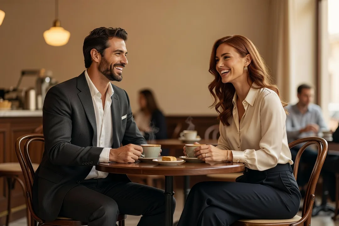 Un homme et une femme élégante adultes échangent en riant dans un café.