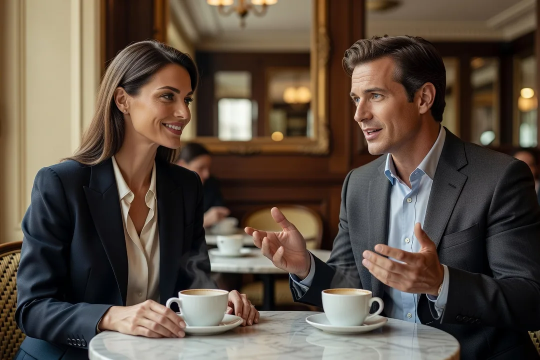 Une femme élégante écoute attentivement un homme raconter une histoire dans un café.