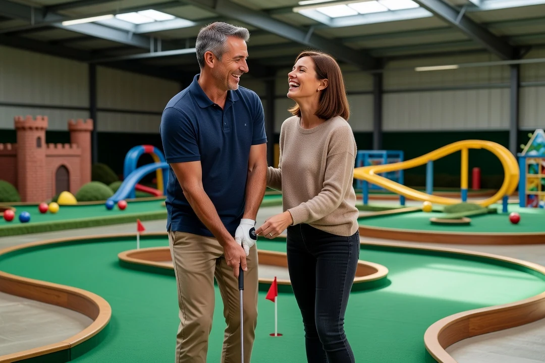 Couple adulte riant en jouant au mini-golf en intérieur lors d'un rendez-vous ludique