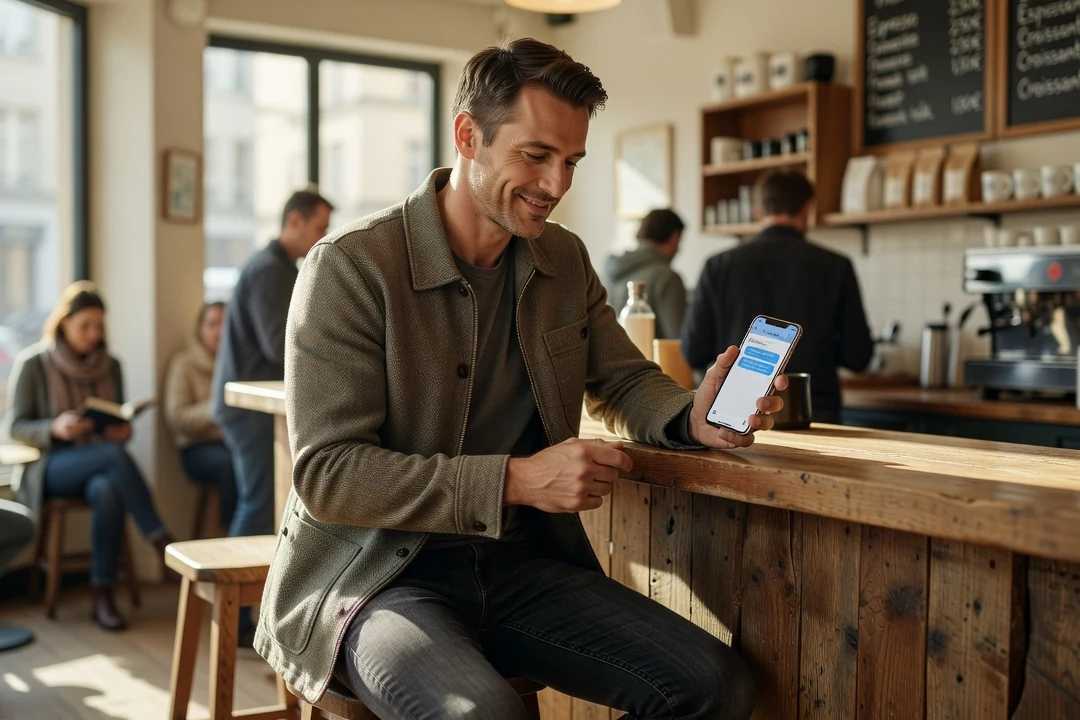 Homme adulte envoyant un message sur son smartphone assis à un comptoir de café, expression détendue