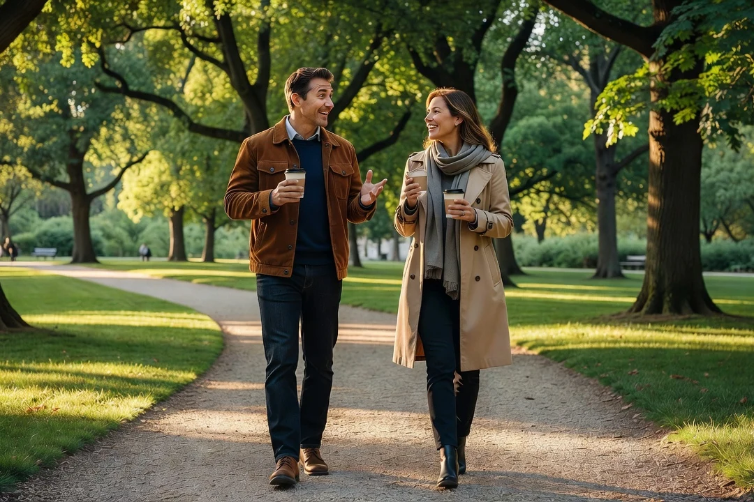 Couple adulte marchant dans un parc avec des gobelets de café, discussion animée et naturelle