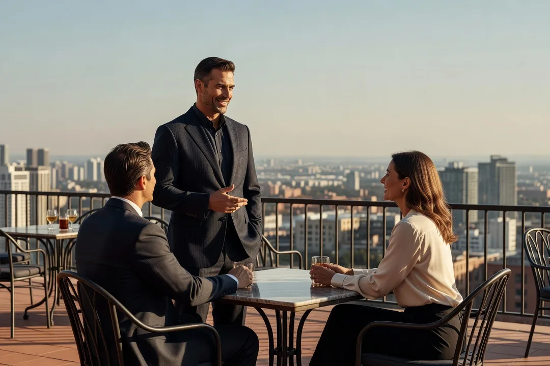 Homme adulte confiant échangeant avec des amis sur un rooftop élégant