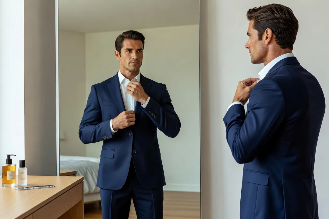 Homme adulte ajustant son blazer devant un miroir dans une chambre lumineuse