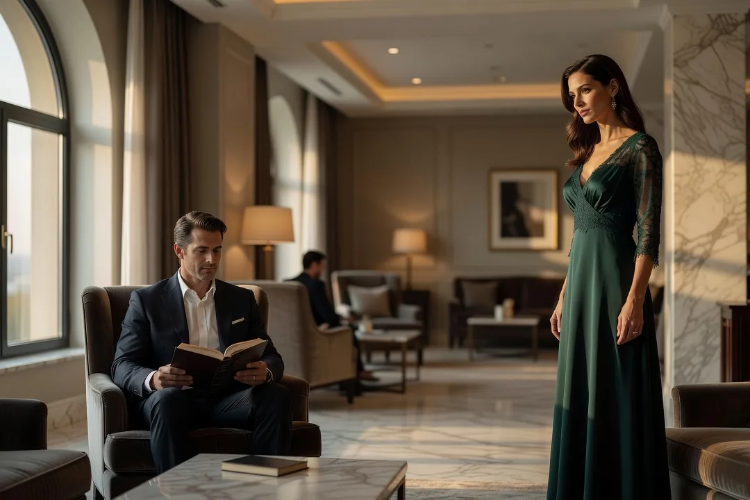 Un homme élégant lit seul tandis qu'une femme le regarde avec intérêt.