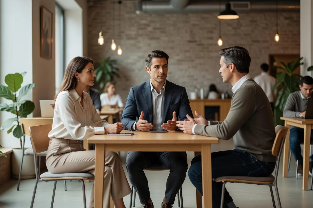 Un homme adulte mène calmement une discussion avec deux amis dans un café.
