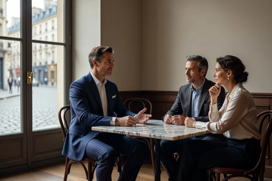 Homme adulte assuré guidant une discussion avec deux collègues dans un café élégant.