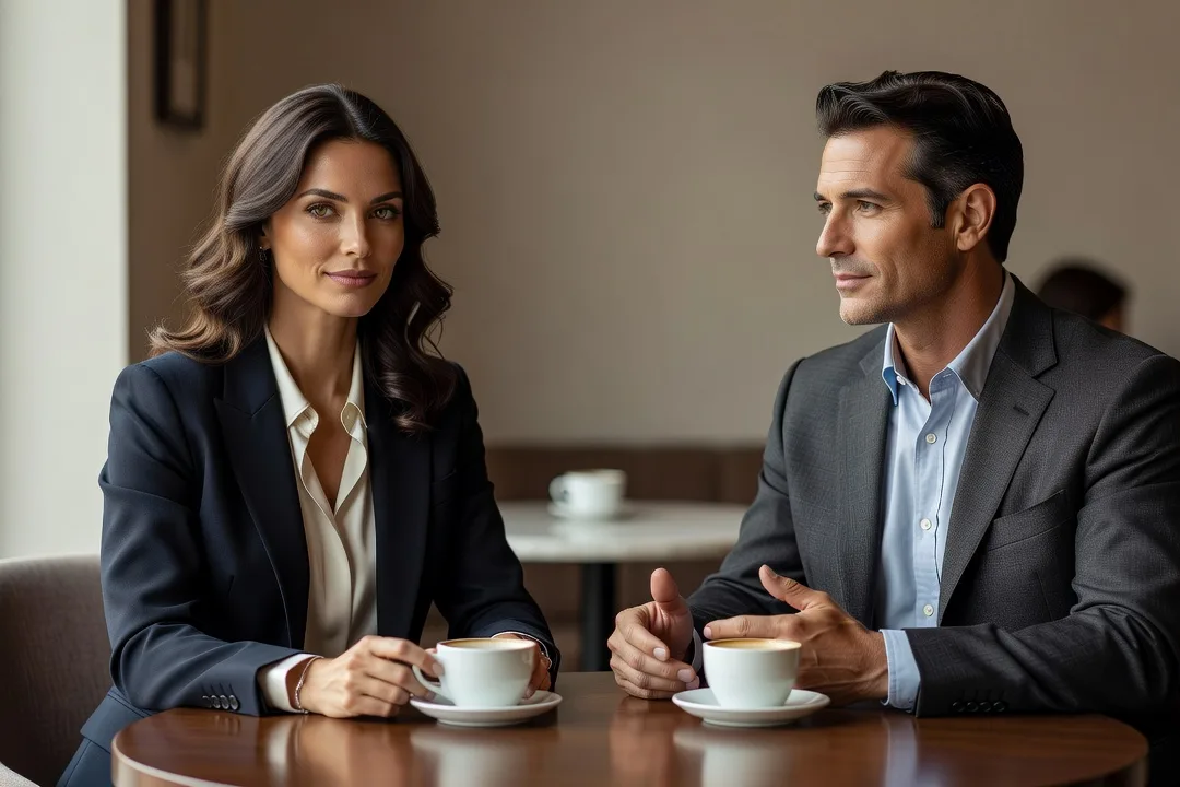 Un couple adulte échange calmement autour d'une table dans un café lumineux.