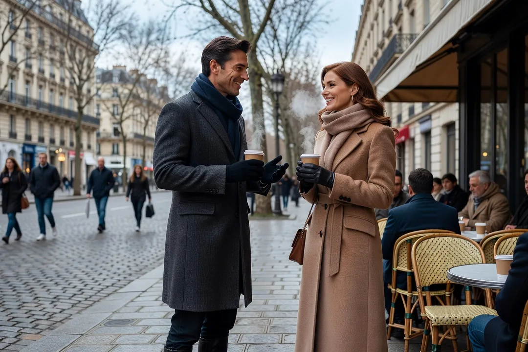 Un homme aborde chaleureusement une femme élégante devant un café en hiver.