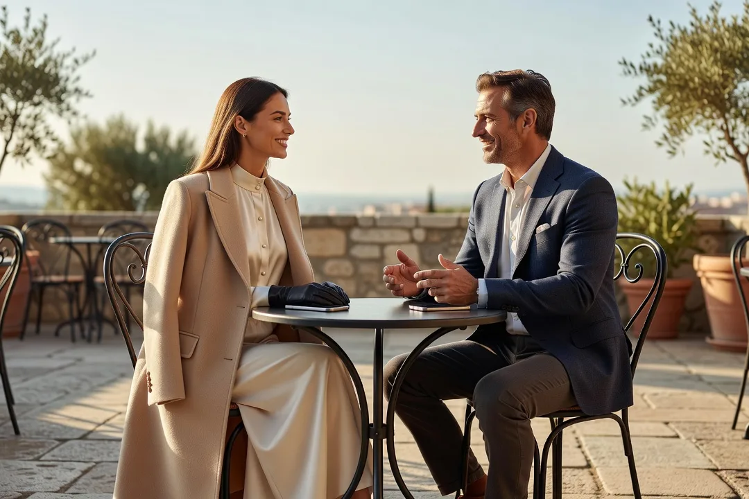 Deux adultes élégants se rencontrent à une terrasse après un échange en ligne.