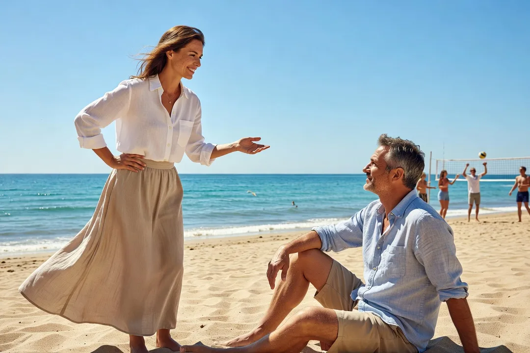 Deux adultes discutent près d'un terrain de volley sur une plage ensoleillée.