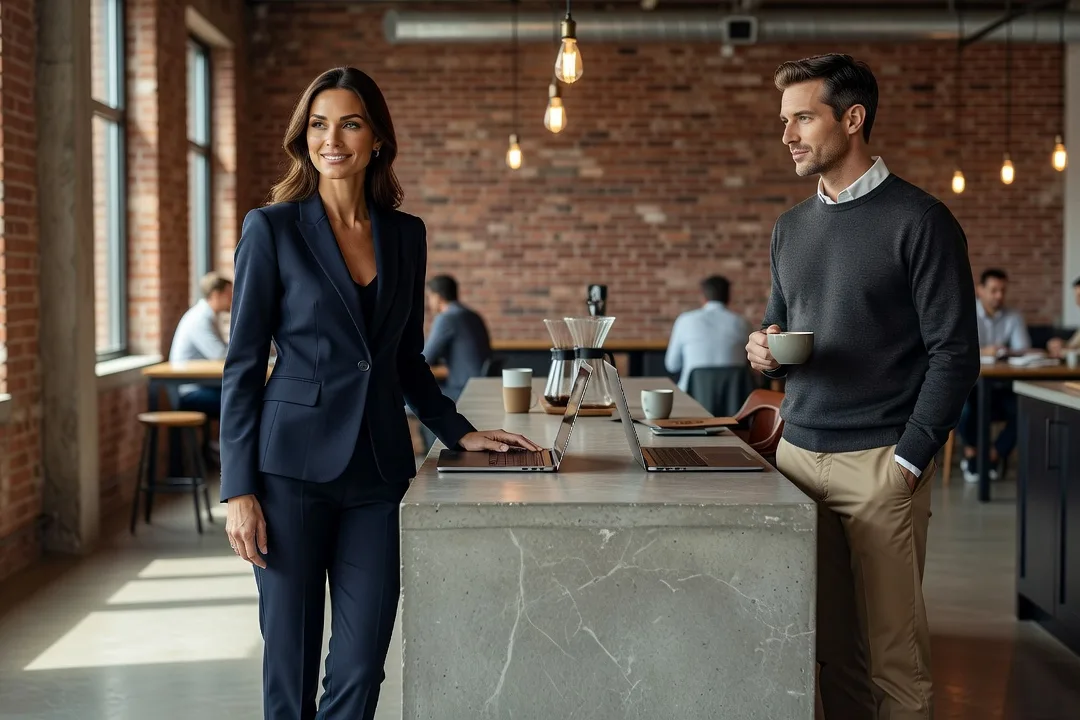 Deux adultes échangent près du café dans un espace de coworking lumineux.