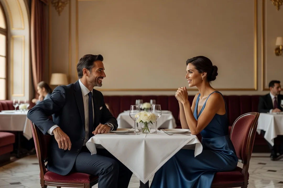 Un homme et une femme élégante échangent un sourire lors d'un dîner au restaurant.