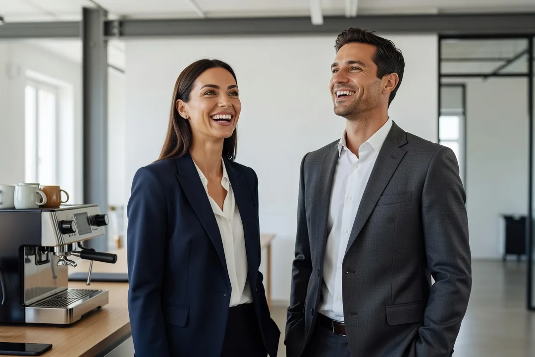 Deux collègues adultes échangent un sourire près de la machine à café du bureau.