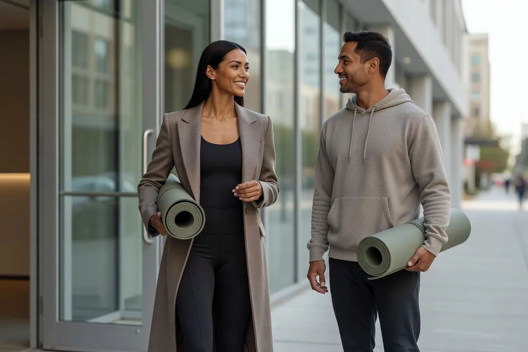 Deux adultes échangent après un cours de yoga, tapis roulés sous le bras.