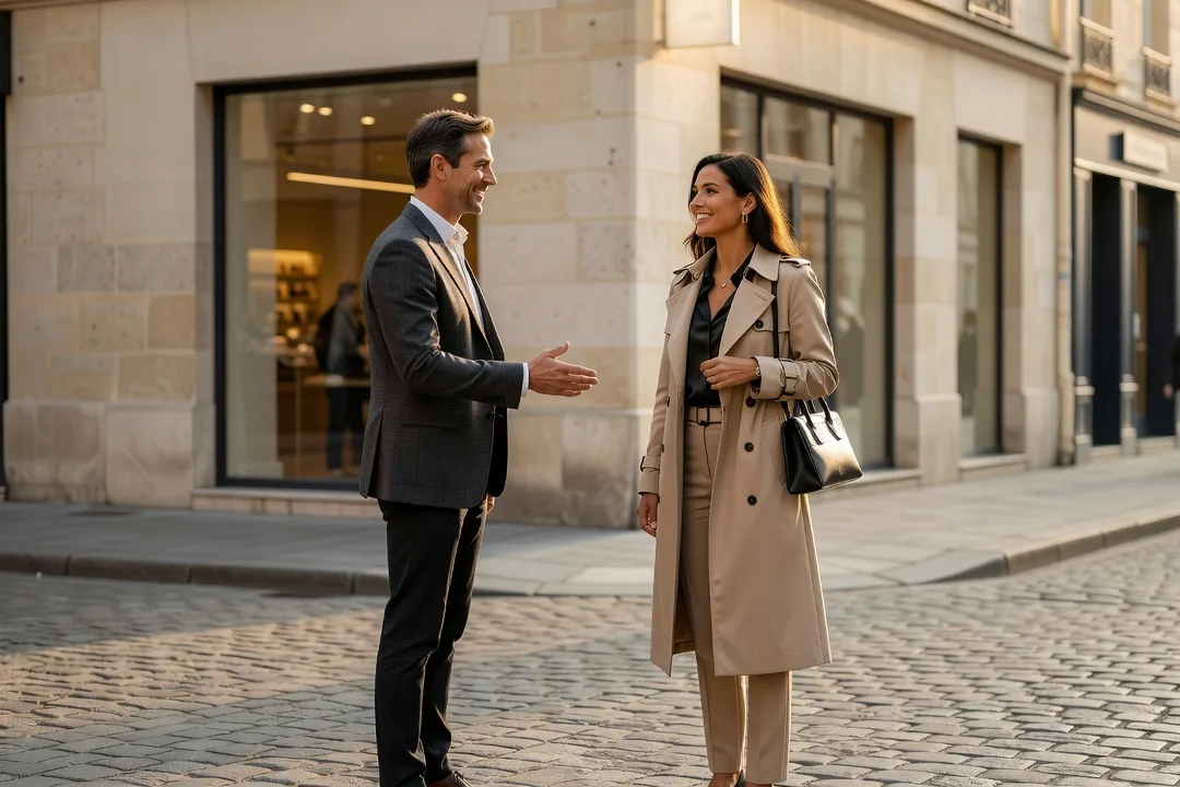 Un homme adulte se présente à une femme élégante devant une librairie parisienne.