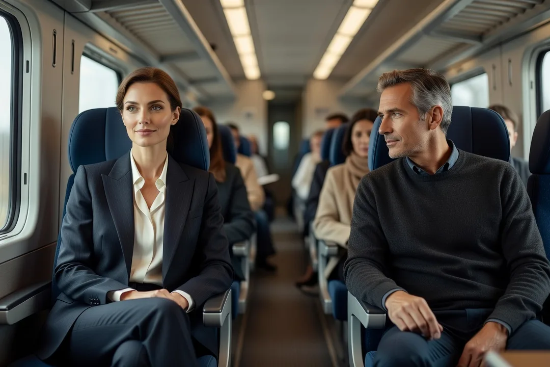 Deux adultes échangent un sourire discret dans la voiture d'un train.