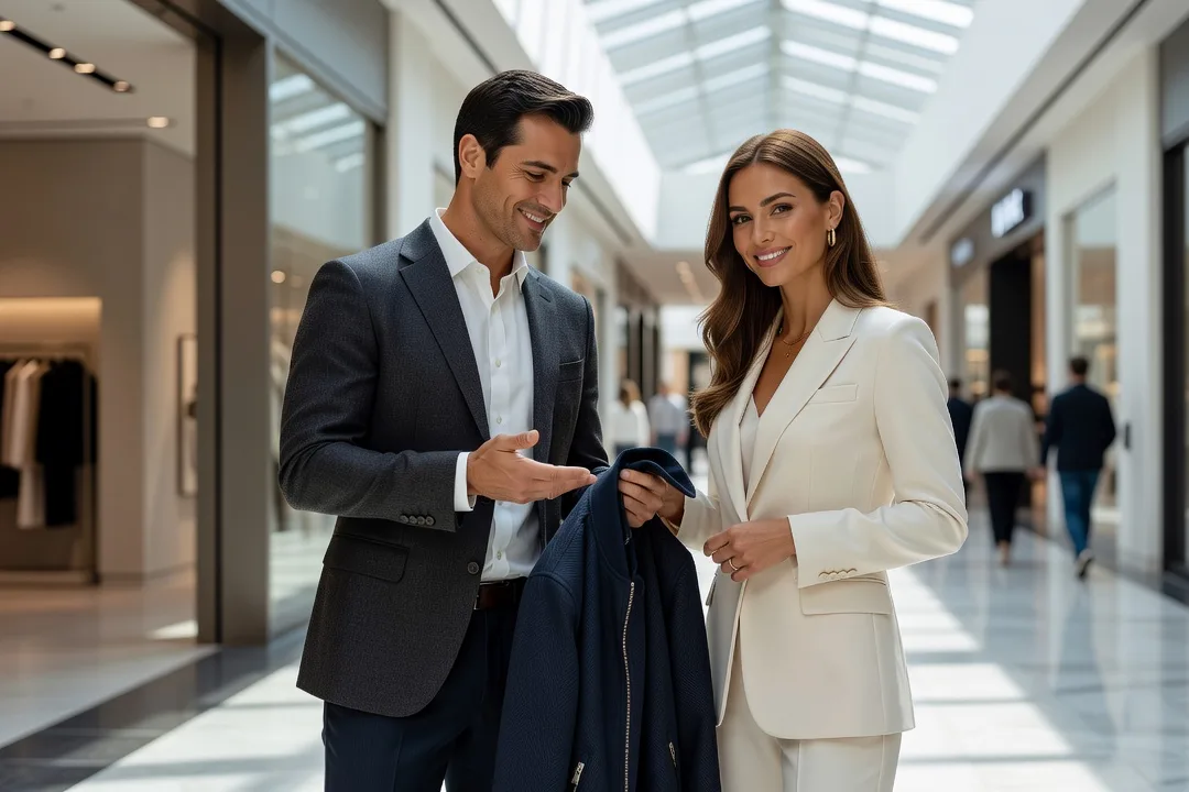 Un homme demande l'avis d'une femme élégante devant une boutique de vêtements.