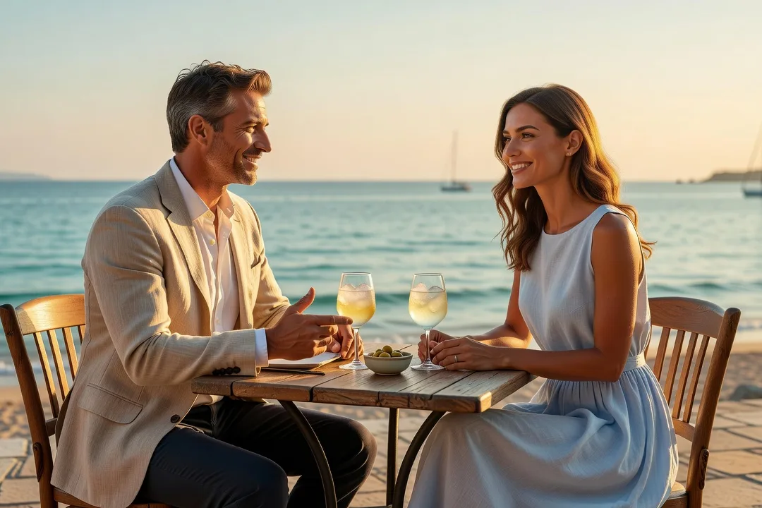 Un homme adulte échange avec une femme élégante à la terrasse d'un café balnéaire.