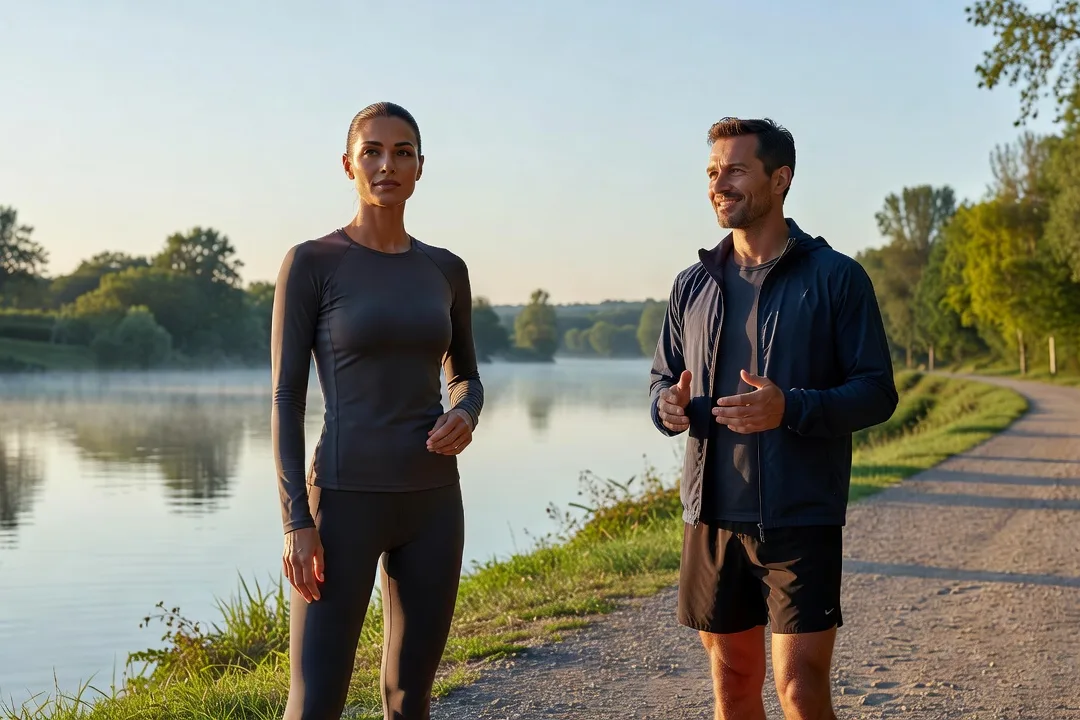 Deux joggeurs adultes échangent poliment après une course au bord de l'eau.