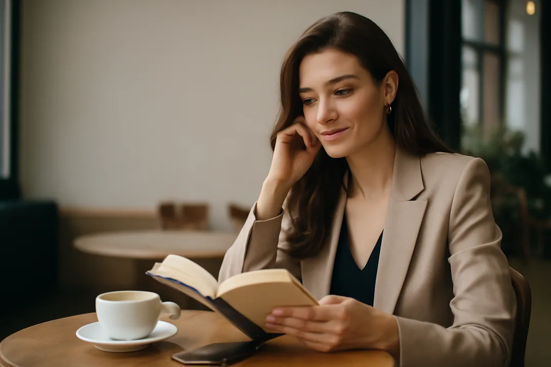 Femme lisant un roman dans un café, téléphone posé face contre la table