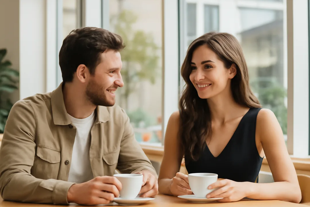 Homme et femme prenant un café ensemble dans un café lumineux