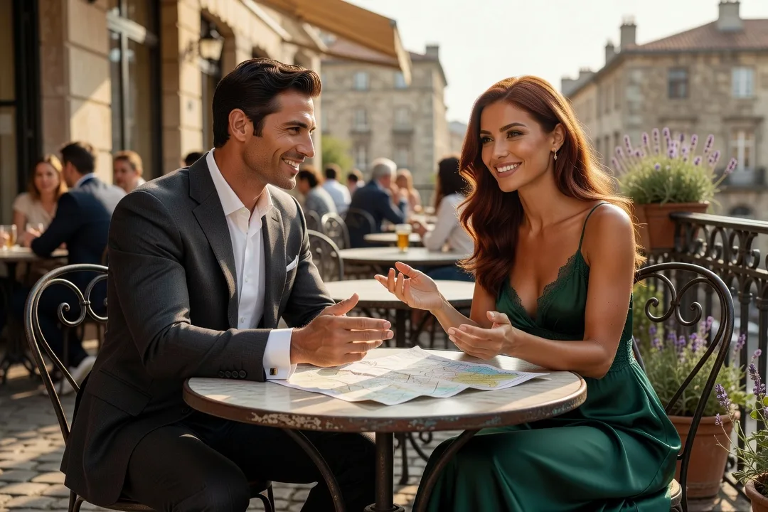 Un homme et une élégante femme étrangère échangent avec gestes sur une terrasse